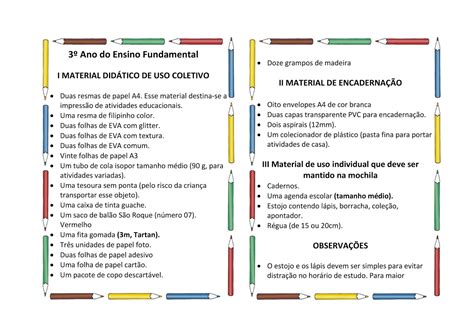 Lista de Material Escolar Colégio Arco íris 2019 INDAGAÇÃO