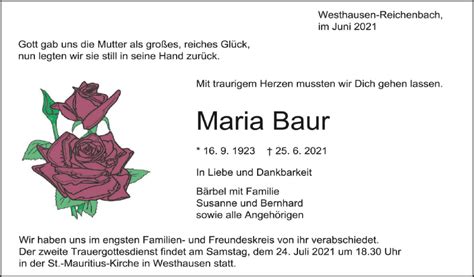 Traueranzeigen Von Maria Baur Schwaebische De Trauerportal