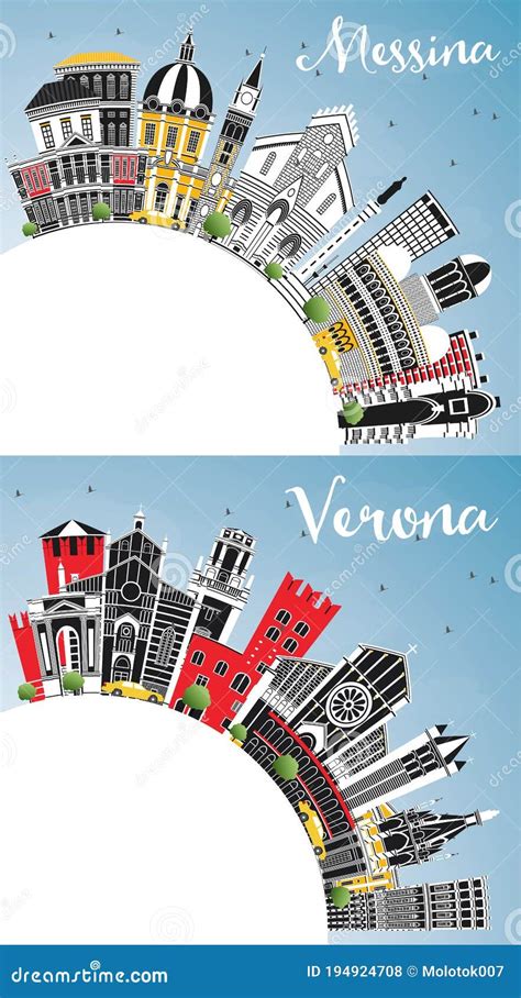 Verona And Messina Sicily Italy City Skylines With Color Buildings