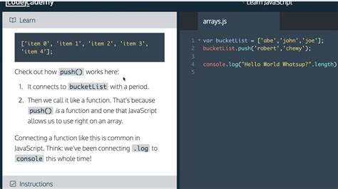 Learn Javascript Arrays Push Method Codecademy Youtube