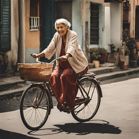 An Old Woman Riding A Bicyle In The City Stock Illustration