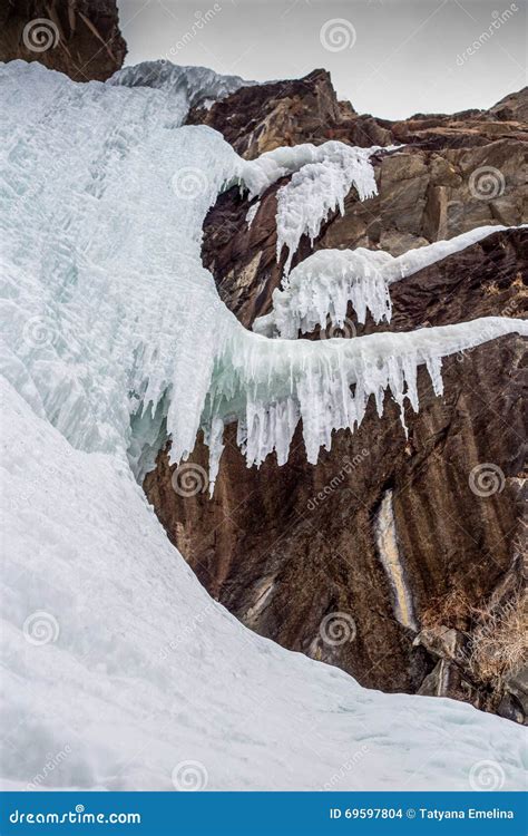 Icy Waterfall at Rock Cliff in Winter Time Stock Photo - Image of ...