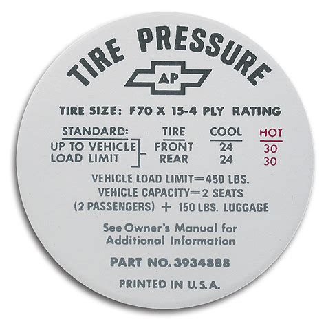 C3 1968 1972 Chevrolet Corvette Decal Tire Pressure Glovebox Auto