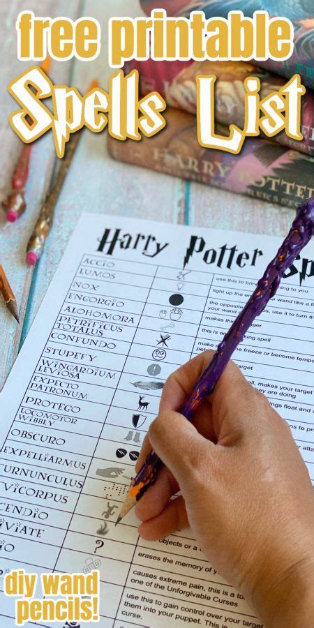 A Hand Holding A Pencil Over A Harry Potter Printable Spell List With