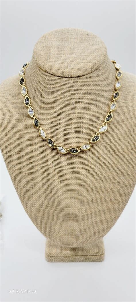 Vintage Monet Necklace Gold Tone Crystal Grey White Gem