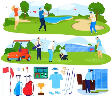 Premium Vector Playing Golf Vector Illustration Set Cartoon Flat