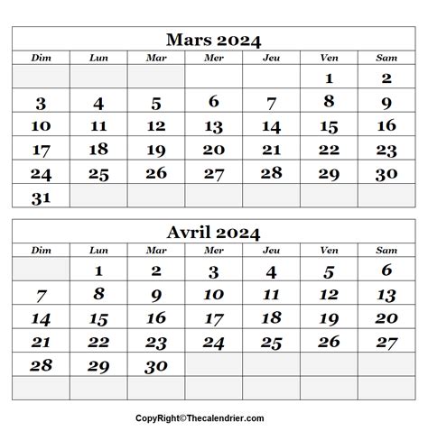 Calendrier Mars Avril 2024 à imprimer The Calendrier