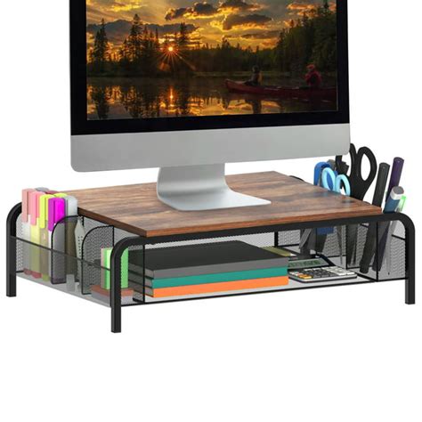 Brown Desk Monitor Stand Riser with Organizer Drawer, Rustic Monitor ...