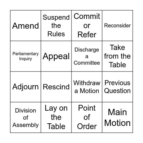 Types Of Motions Bingo Card