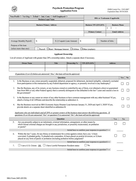 Fillable Online Paycheck Protection Program Application Form Fax Email