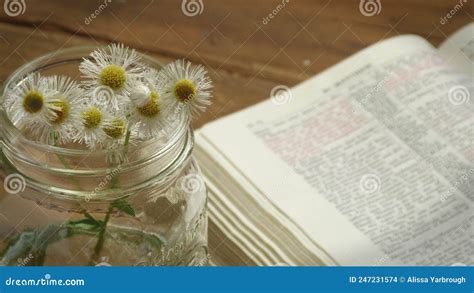 Flowers In A Jar With A Rustic Bible On A Wooden Background Stock Photo