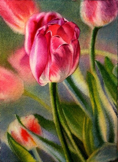 Spring Breeze Watercolor Painting Of Pink Tulips Tulips Art