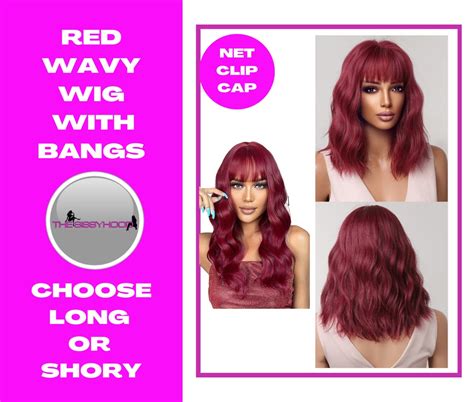 Red Synthetic Wigs With Bang Long Natural Wavy Hair Wig Heat Etsy