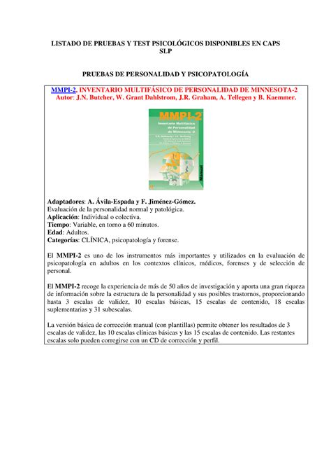 Pruebas De Personalidad Y Psicopatologia Listado De Pruebas Y Test