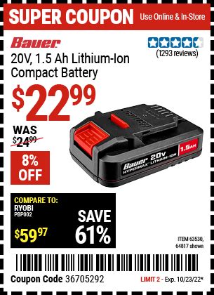 BAUER 20V HyperMax Lithium Ion 1 5 Ah Compact Battery For 22 99