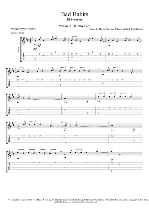 Bad Habits Arr Pavlo Pakshyn By Ed Sheeran Sheet Music For Guitar