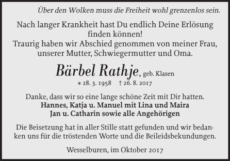 Traueranzeigen von Bärbel Rathje sh z Trauer