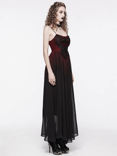 Punk Rave Black And Red Gothic Gorgeous Chiffon Embroidery Long Slip