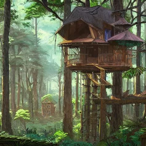 Concept Art Painting Of Treehouses Made Out Of Trees Stable Diffusion