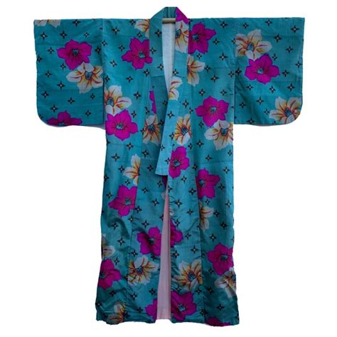 Vivid Blue Antique Meisen Silk Kimono With Bold Flora Gem