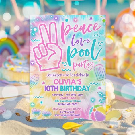 Editable Pool Party Invitation Girly Tie Dye Pool Party Invitation