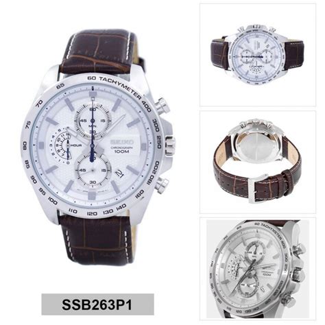 Seiko Men S Chronograph White Dial Brown Leather Watch SSB263P1 Brown