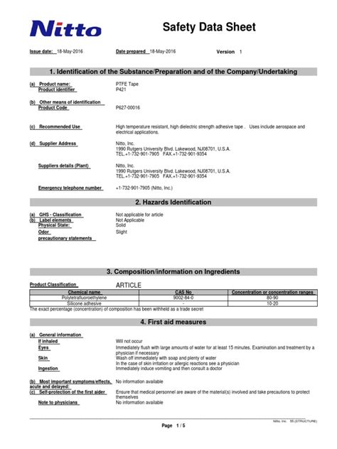 Sds Nj Ptfe Tape P421 En Pdf Toxicity Personal Protective Equipment