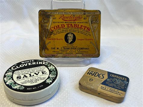 Vtg Medicinal Tin Can Lot Rawleigh S Cold Tablets White Cloverine Salve