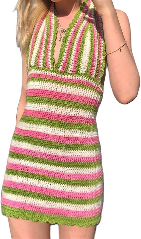 Women Sexy Hand Crochet Knitted Short Dress Halter Neck Hollow Mini