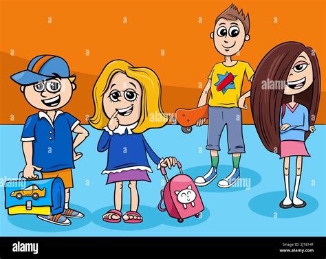 Cartoon illustration of elementary school age girl and boys characters ...