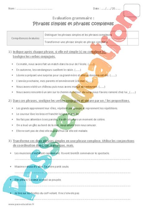 Evaluation Phrase Simple Et Complexe Cm Bilan Et Controle Corrig