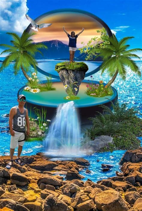 A Man Standing In Front Of A Waterfall Surrounded By Palm Trees And An