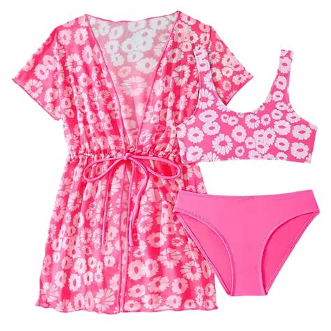 LIIPEE Girls Bathing Suit Spring Summer Flower Printed Bikini Sets With Swim Coat Bathing Suit