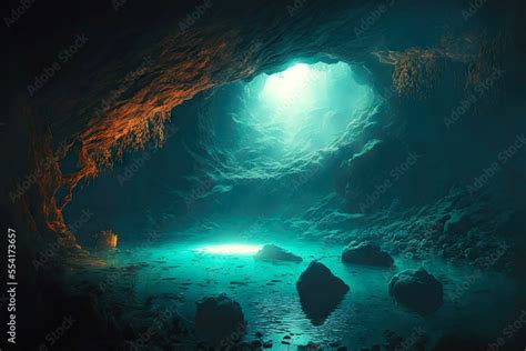 Mysterious dark underwater cave with reefs journey to bottom of sea Stock Illustration | Adobe Stock