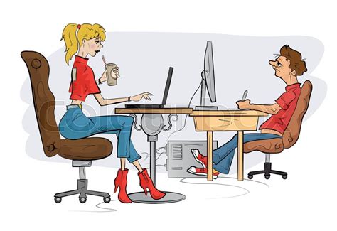 Man And Woman Works On The Computer Stock Vector Colourbox