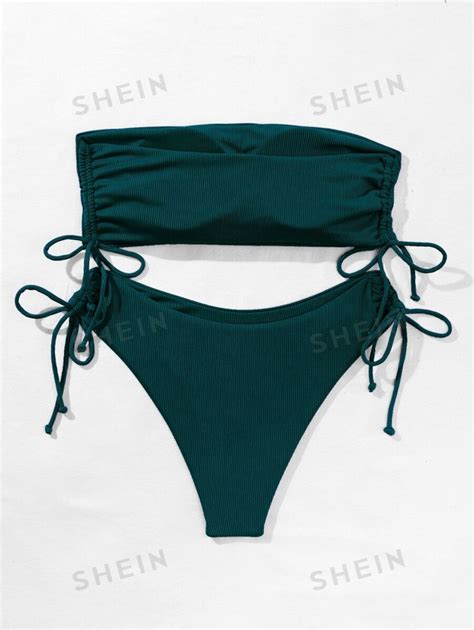 Shein Swim Ribbed Drawstring Bandeau Tie Side Bikini Swimsuit Shein Usa