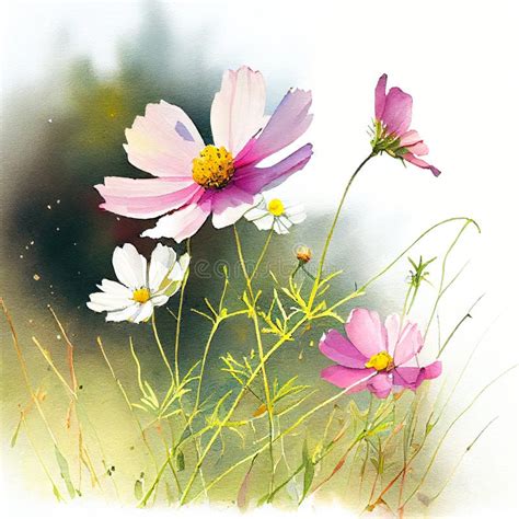 Watercolor Cosmos Flowers in the Field Stock Illustration ...