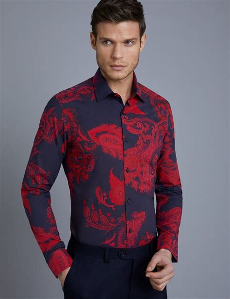 Men S Curtis Navy Red Paisley Slim Fit Shirt Single Cuff Hawes