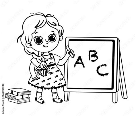 Black and white vector illustration of primary school student in front ...