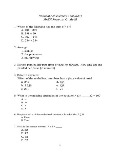 K To 12 Grade 3 Mathematics Nat National Achievement Test