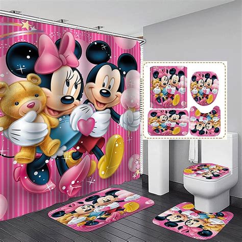 Mickey And Minnie Mouse Hang Out In Pink Stripe Bathroom Set REVER