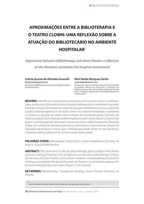 PDF Aproximações entre a Biblioterapia e o Teatro Clown uma reflexão