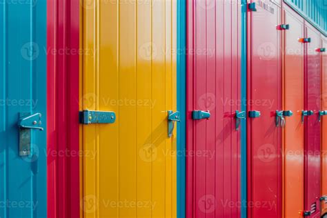 A row of colorful beach cabanas with yellow, red, and blue doors