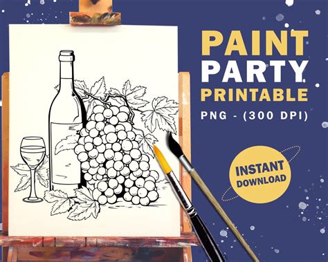 Wine Paint & Sip Party Printable PNG Digital Download DIY Pre Drawn Coloring Page Stencil ...