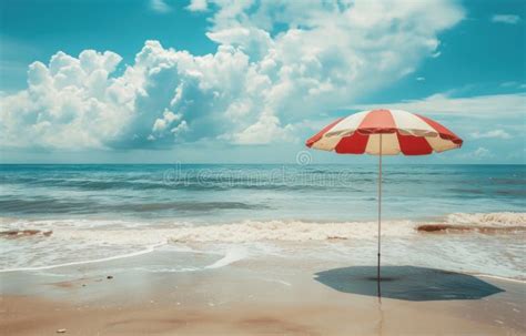 A Beach Scene With A Red And White Striped Umbrella Stock Illustration