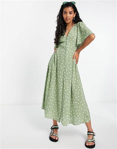 Asos Design Button Through Tie Back Midi Tea Dress With Angel Sleeve In