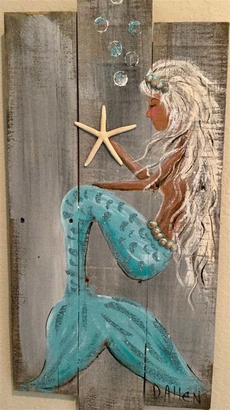 Aqua Mermaid On Old Recycle Wood Fence Etsy Mermaid Painting