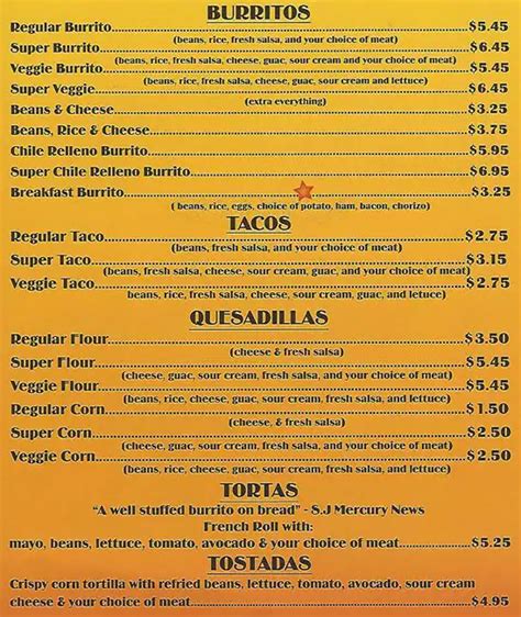 Menu at La Victoria Taqueria restaurant, Redwood City