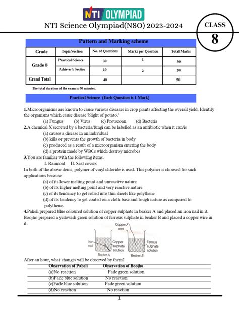 Nti Olympiad Science Class 8 2023 Pdf