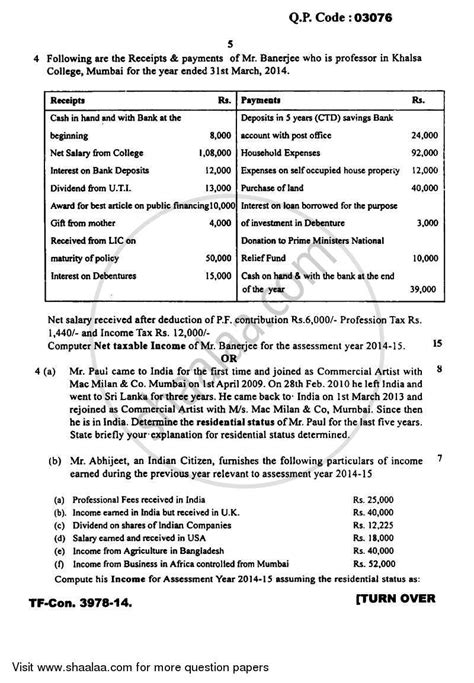 Taxation Paper 3 Direct Tax Paper 1 2014 2015 Bcom Accounting And